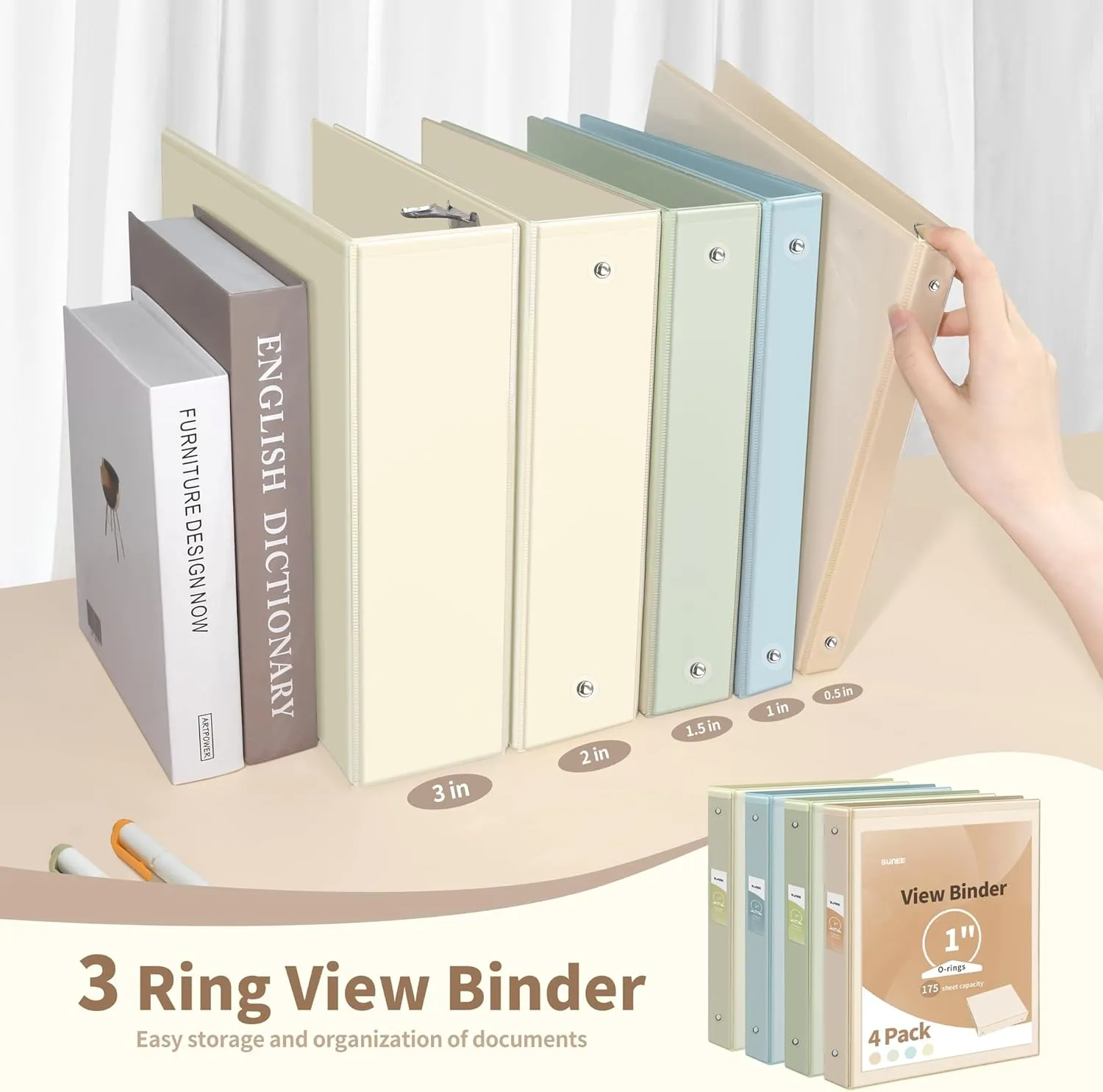 SUNEE 3 Ring Binder, 1 Inch, PVC-Free (Fit 8.5x11 Inches), 4 Pack
