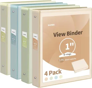 SUNEE 3 Ring Binder, 1 Inch, PVC-Free (Fit 8.5x11 Inches), 4 Pack