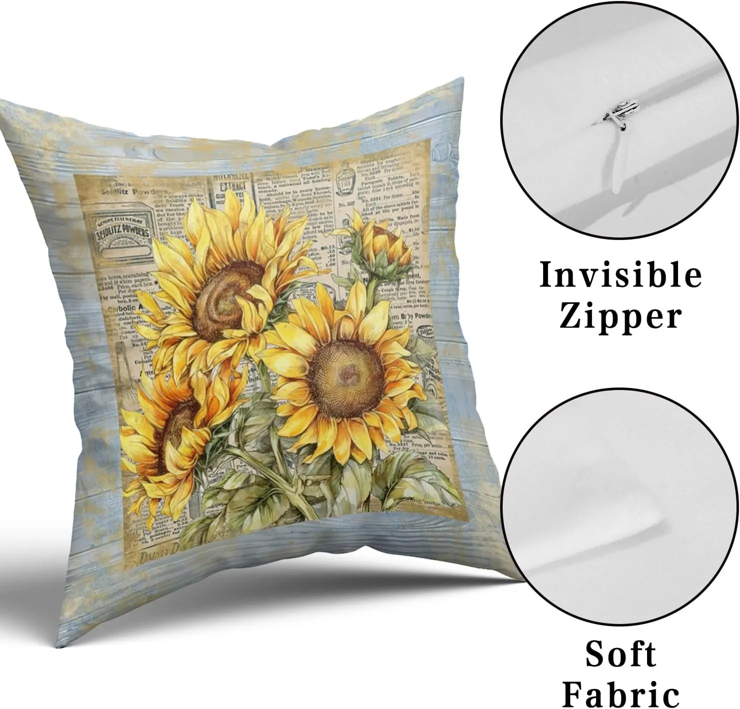 Sunflower Pillow Cover Vintage Bouquet Pillowcases Elegant Flower Cushion Floral French Throw Pillows Boy Girl Bed Room Botanical Couch Cushion Cover for Home Sofa Bedroom Car