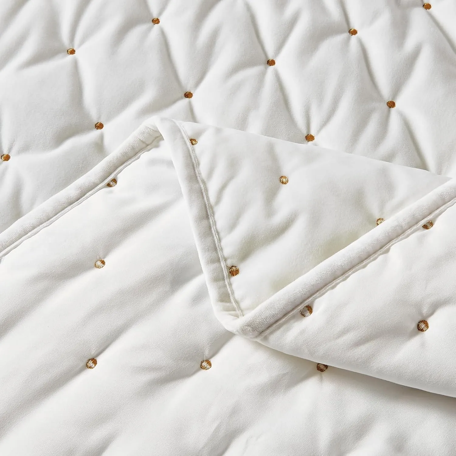 Sunshine Nicole Embroidery Quilt Set with Metallic Gold Thread, Distressed Velvet Face and Brushed Solid Microfiber Reverse, with Light Weight Soft Poly Fill, 3 Pieces Light Ivory Gold, King