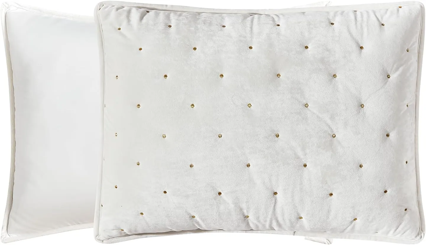 Sunshine Nicole Embroidery Quilt Set with Metallic Gold Thread, Distressed Velvet Face and Brushed Solid Microfiber Reverse, with Light Weight Soft Poly Fill, 3 Pieces Light Ivory Gold, King