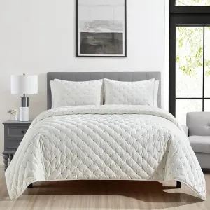 Sunshine Nicole Embroidery Quilt Set with Metallic Gold Thread, Distressed Velvet Face and Brushed Solid Microfiber Reverse, with Light Weight Soft Poly Fill, 3 Pieces Light Ivory Gold, King