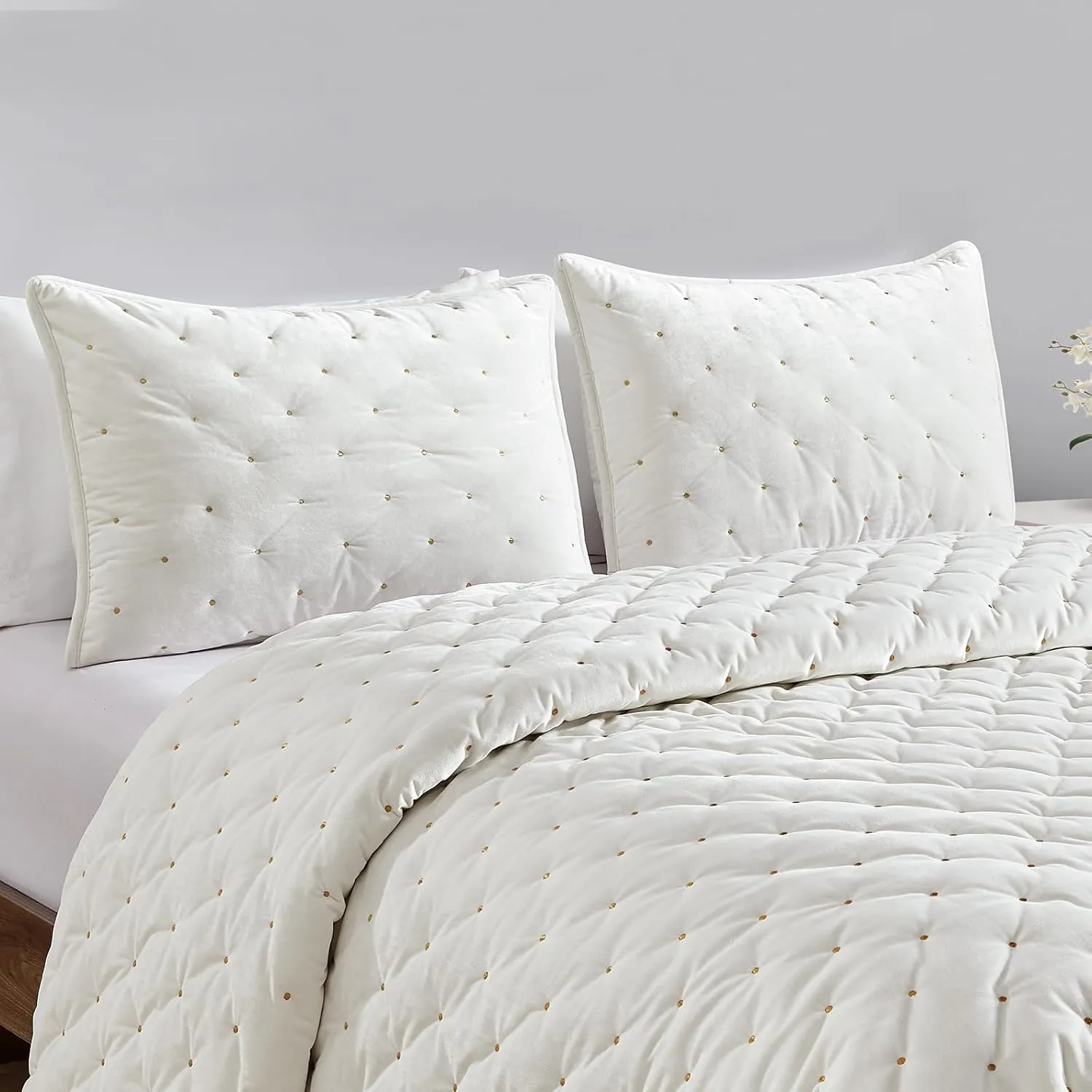 Sunshine Nicole Embroidery Quilt Set with Metallic Gold Thread, Distressed Velvet Face and Brushed Solid Microfiber Reverse, with Light Weight Soft Poly Fill, 3 Pieces Light Ivory Gold, King