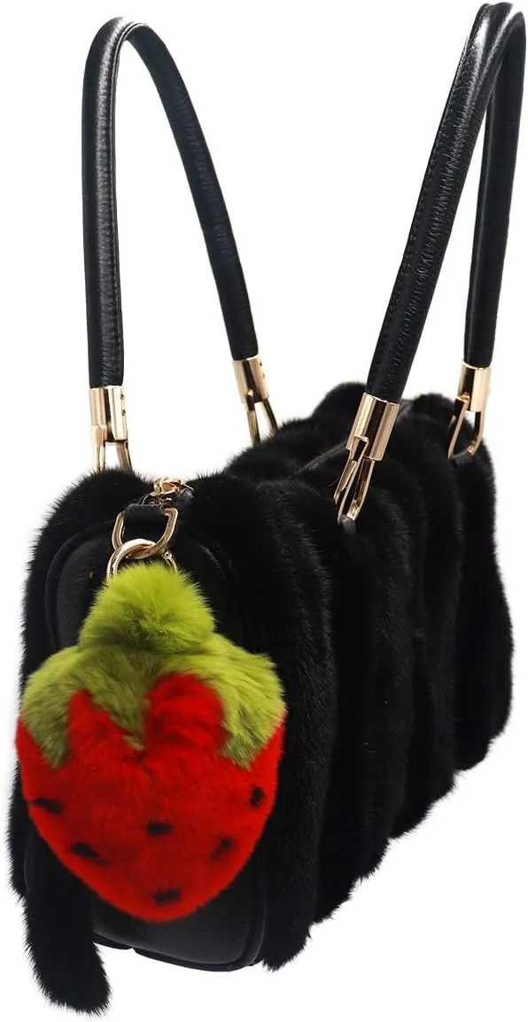 surell Real Rex Rabbit Fur Strawberry Keychain - Kawaii Pom-Pom Food Charm for Bags - Fruit Accessory with Gold Keyring