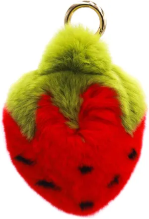 surell Real Rex Rabbit Fur Strawberry Keychain - Kawaii Pom-Pom Food Charm for Bags - Fruit Accessory with Gold Keyring
