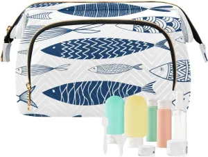 susiyo Ornamental Fish Blue Cosmetic Bag with Travel Bottle Set Large Wide Open Quilted Make Up Bags Travel Kit