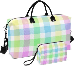 susiyo Travel Duffel Bags Easter Brightly Colored Gingham Tartan Plaid Quilted Gym Bag Weekender Overnight Bags with Small Makeup Pouch