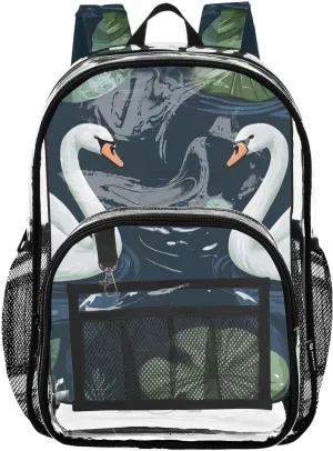 Swan Lily Romance Clear Plastic Backpack - Transparent PVC Heavy Duty Bag with Large Main Pocket and Mesh Pockets - Ideal for School, Travel, Outings - Clear Backpack for Everyday Use