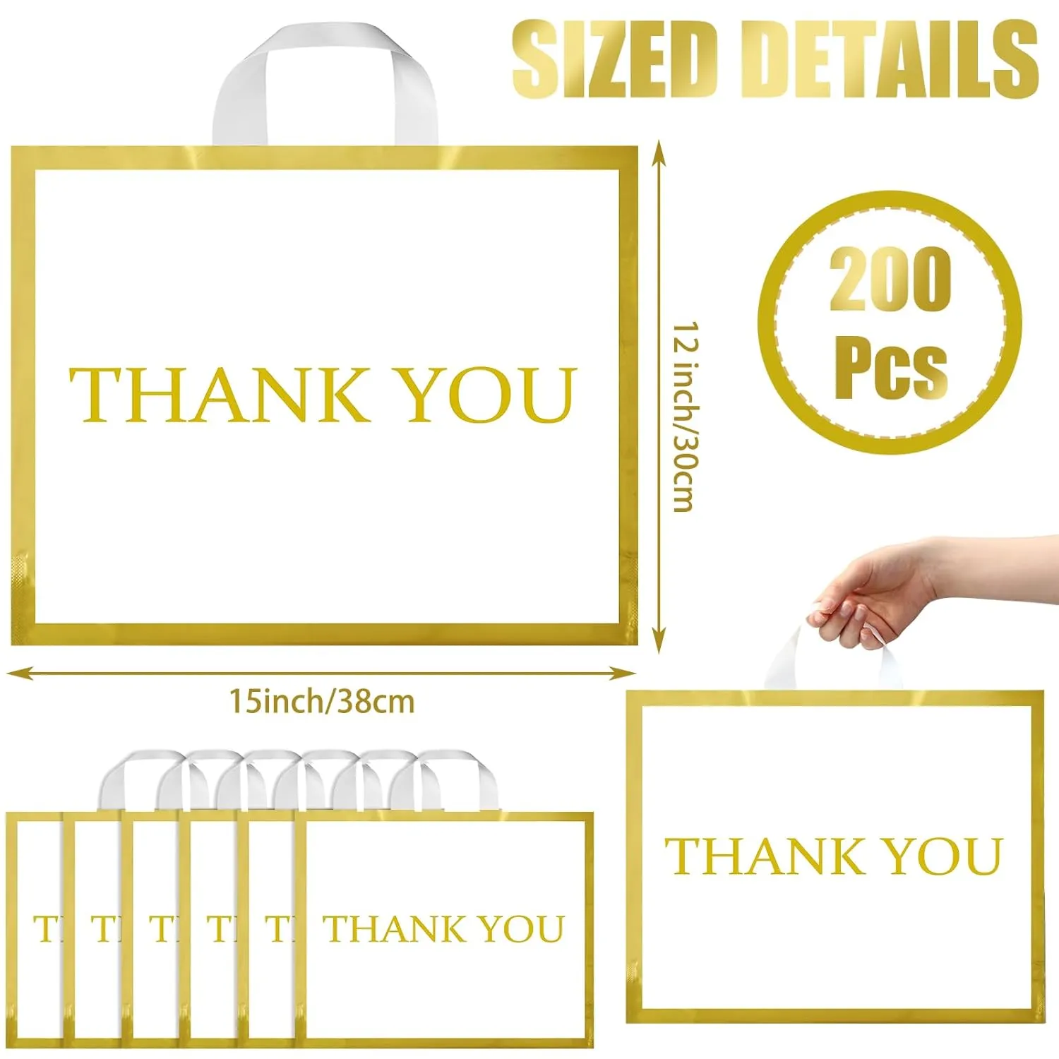 Sweetude 200 Pcs Thank You Plastic Shopping Bags for Small Business Bulk 12 x 15 In Merchandise Boutique Bags with Handle Gold Loop(White)