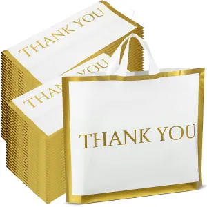 Sweetude 200 Pcs Thank You Plastic Shopping Bags for Small Business Bulk 12 x 15 In Merchandise Boutique Bags with Handle Gold Loop(White)