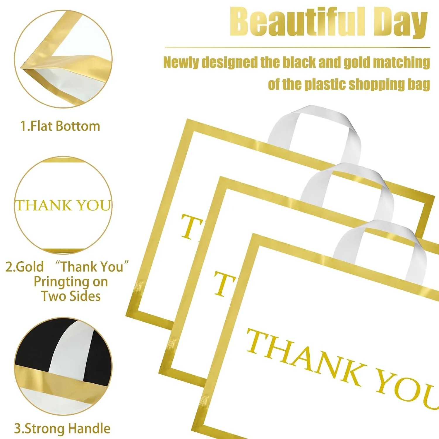 Sweetude 200 Pcs Thank You Plastic Shopping Bags for Small Business Bulk 12 x 15 In Merchandise Boutique Bags with Handle Gold Loop(White)