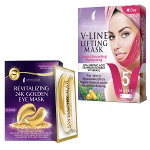 SWISSÖKOLAB Double Chin Reducer V Line Lifting Mask Face Slimming   Under Eye Patches For Puffy Eyes 24k Gold Eye Mask For Dark Circles And Puffiness Collagen Eye Gel Pads…