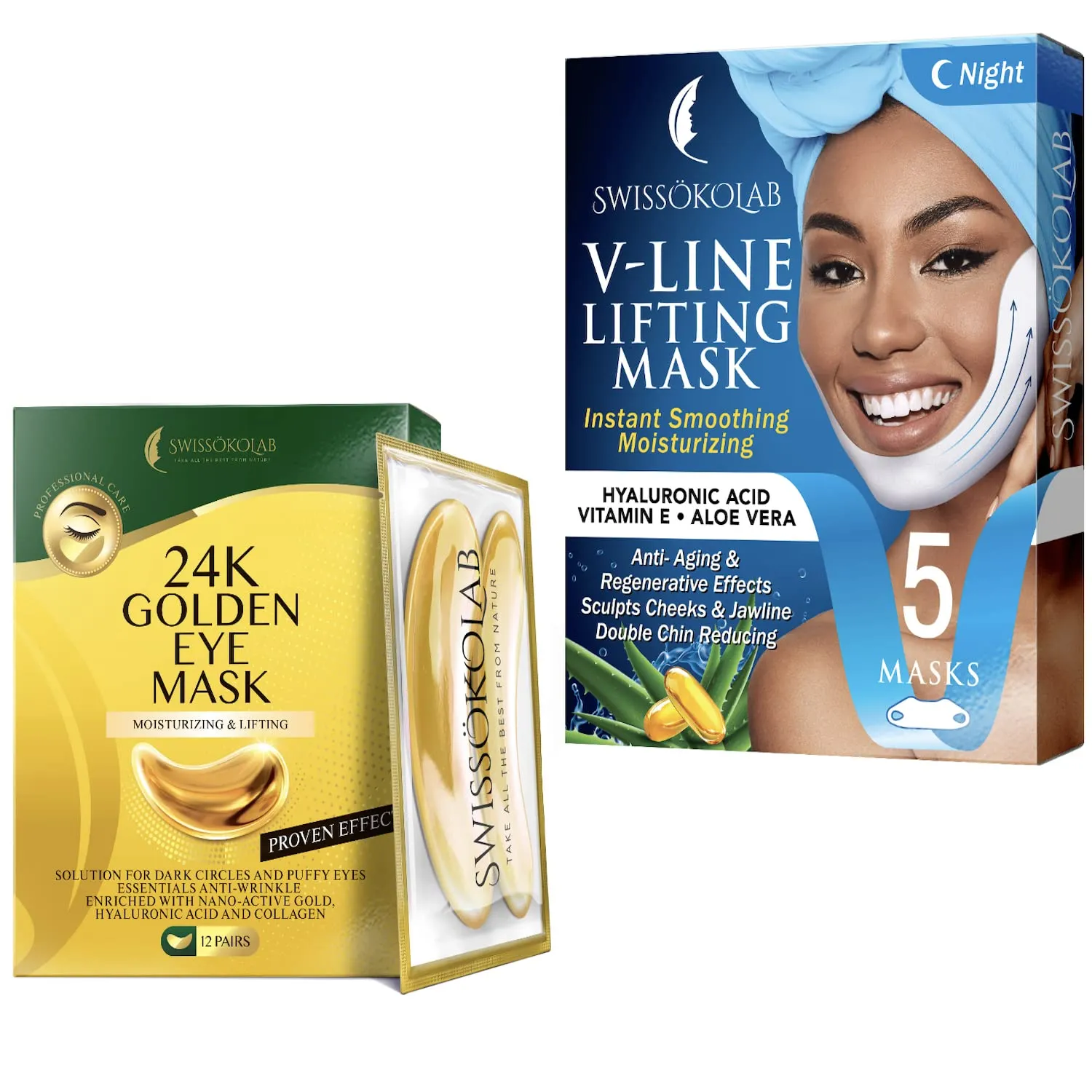 SWISSÖKOLAB Double Chin Reducer V Line Lifting Mask Face Slimming   Under Eye Patches For Puffy Eyes 24k Gold Eye Mask For Dark Circles And Puffiness Collagen Eye Gel Pads