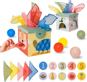 Taf Toys Sensory Baby Tissue Box, Object Permanence Box, Imaginary Play for Infants & Toddlers, Montessori Square Sensory Toys Colorful Pull Scarves, Play Balls & Cards Educational Preschool Learning