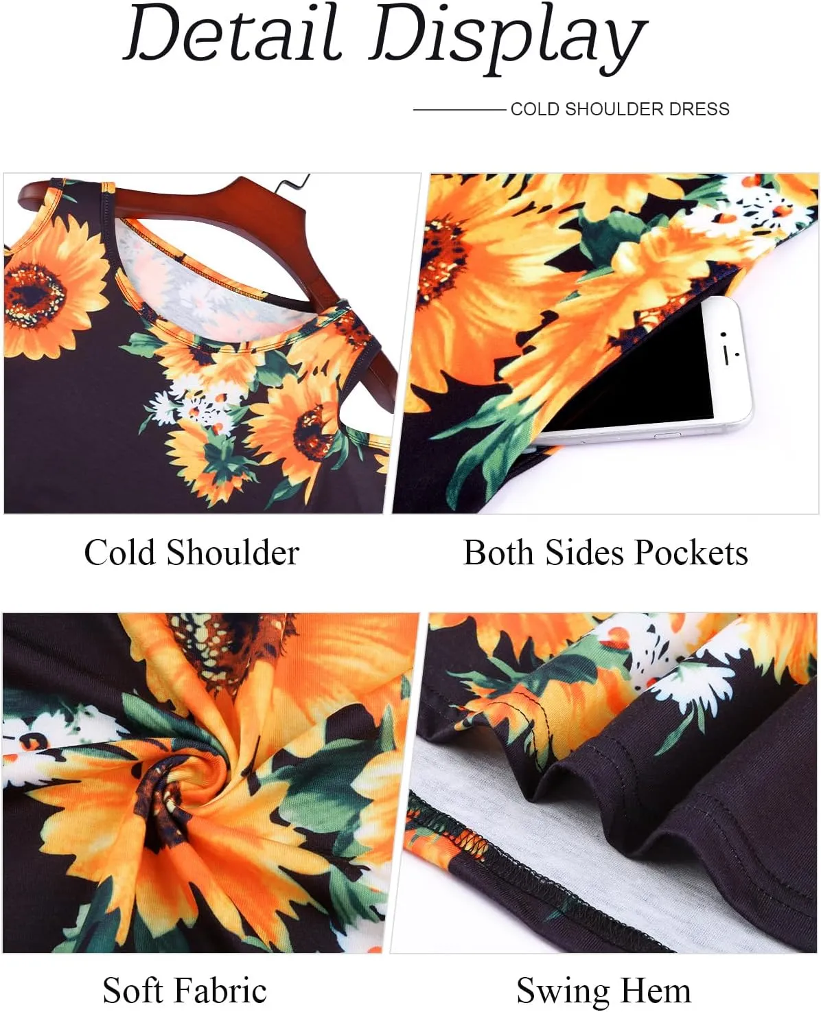 Tanst Sky Women Cold Shoulder Dress Floral Printed Short Sleeve Sundress with Pocket