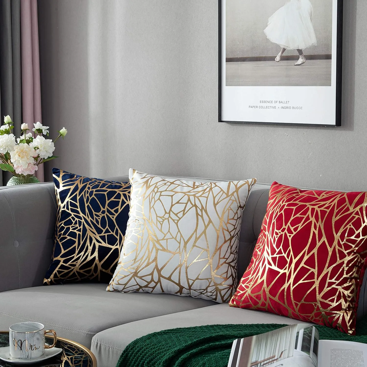 TAOSON Pack of 2,Irregular Abstract Lines Geometric Bronzing Printed Cozy Soft Throw Pillow Cases Cushion Covers Shells for Sofa Couch Bed Home Decoration 18 x 18 Inches, Gray and Gold