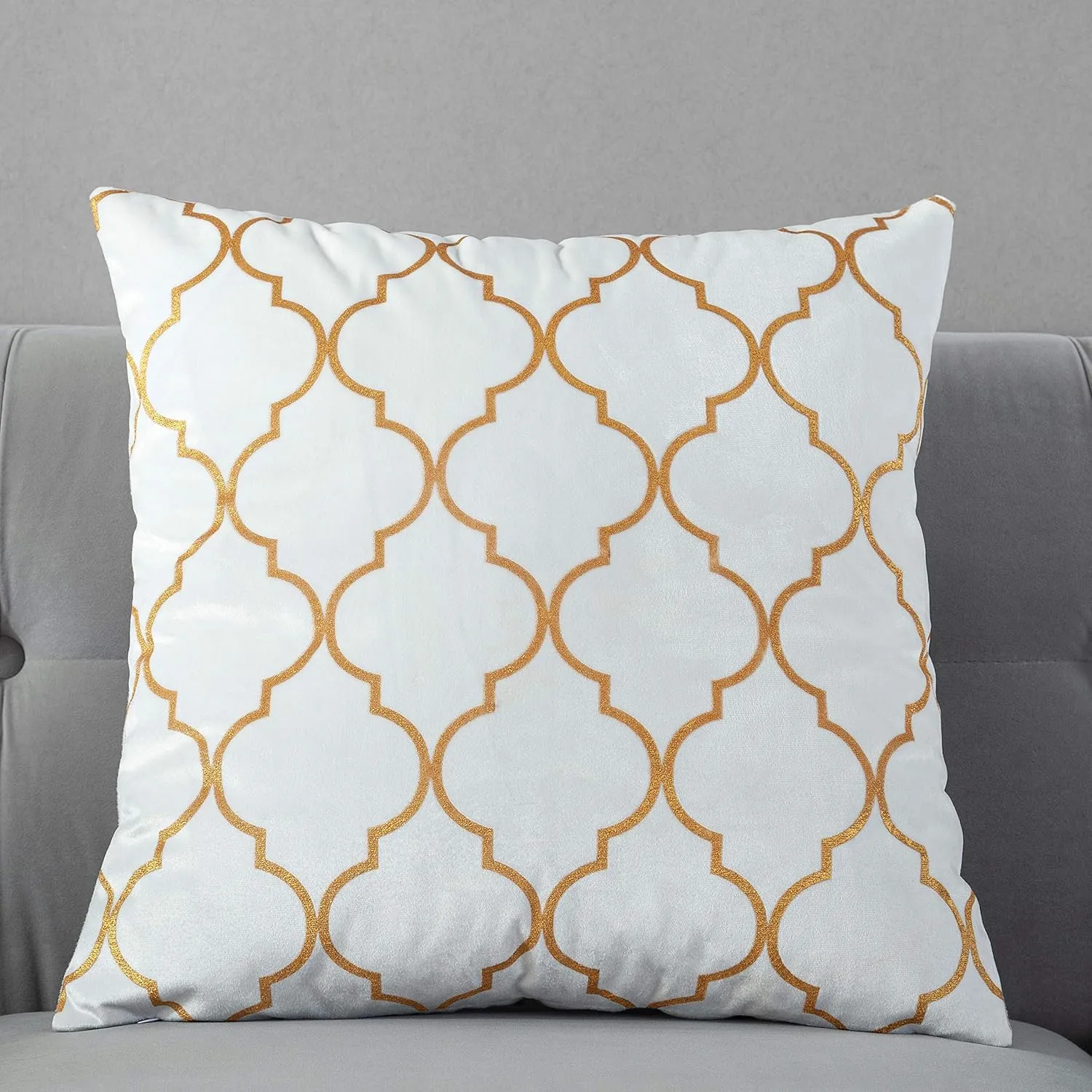 TAOSON Pack of 2,Moroccan Quatrefoil Geometric Bronzing Printed Cozy Soft Throw Pillow Cases Cushion Covers Shells for Sofa Couch Bed Home Decoration 18 x 18 Inches, White and Gold