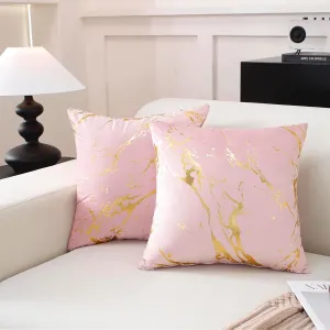 TAOSON Pack of 2,Velvet Marble Pattern Lines Geometric Bronzing Printed Cozy Soft Throw Pillow Cases Cushion Covers Shells for Sofa Couch Bed Home Decoration 18 x 18 Inches, Light Pink and Gold