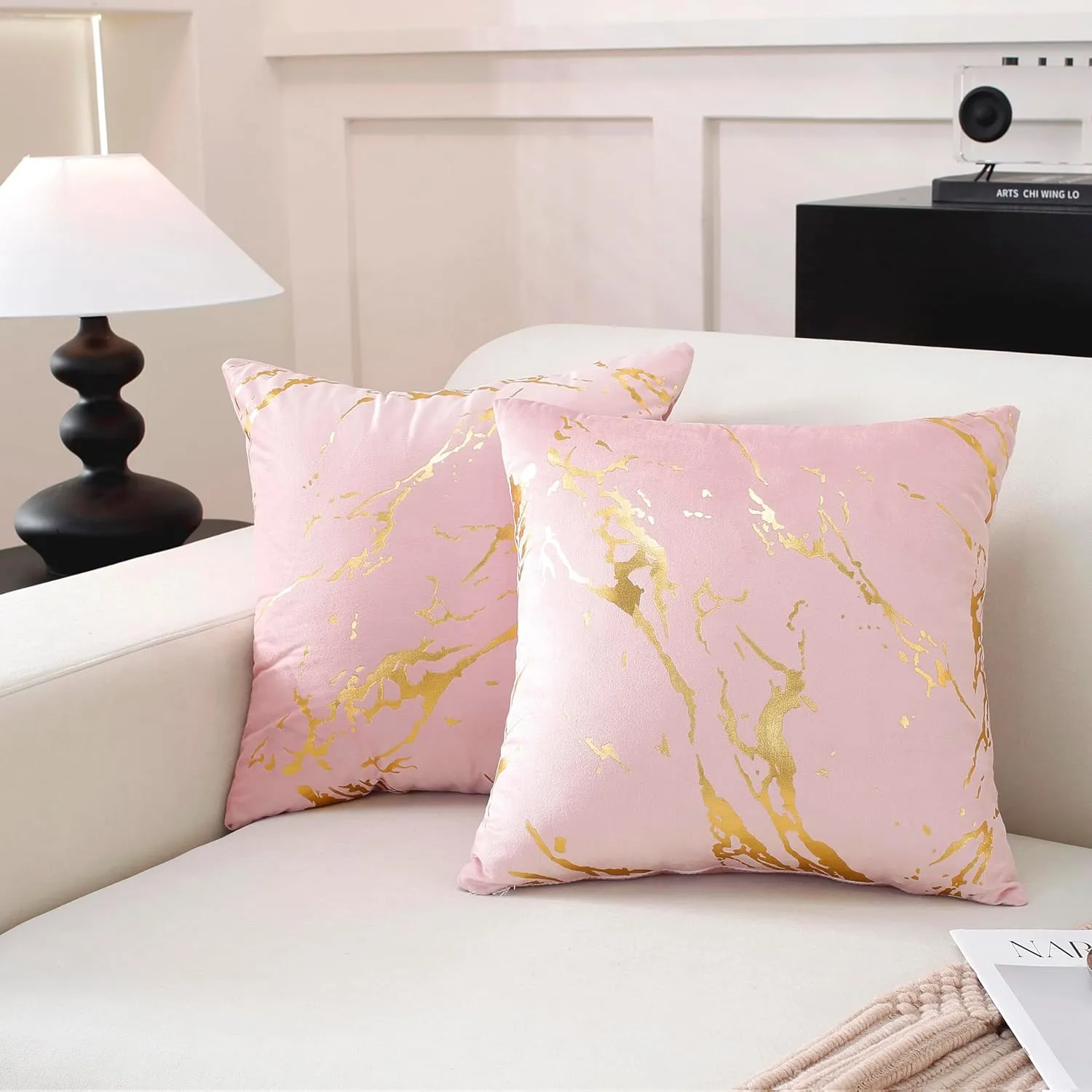TAOSON Pack of 2,Velvet Marble Pattern Lines Geometric Bronzing Printed Cozy Soft Throw Pillow Cases Cushion Covers Shells for Sofa Couch Bed Home Decoration 18 x 18 Inches, Light Pink and Gold