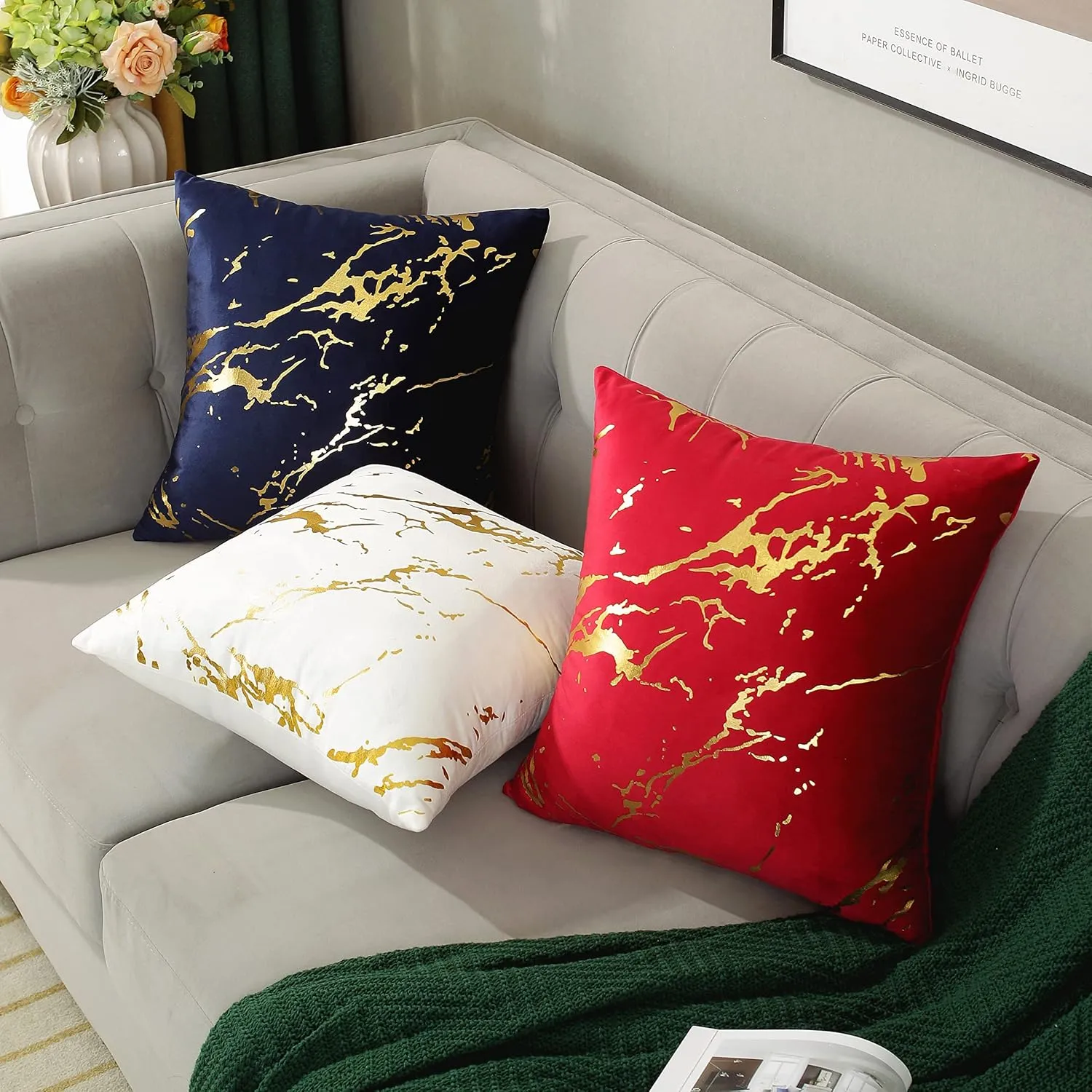 TAOSON Pack of 2,Velvet Marble Pattern Lines Geometric Bronzing Printed Cozy Soft Throw Pillow Cases Cushion Covers Shells for Sofa Couch Bed Home Decoration 18 x 18 Inches, Light Pink and Gold