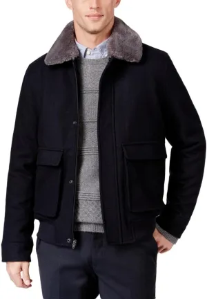 Tasso Elba Mens Dean Removable Faux-Fur Trim Coat Navy Blue Large