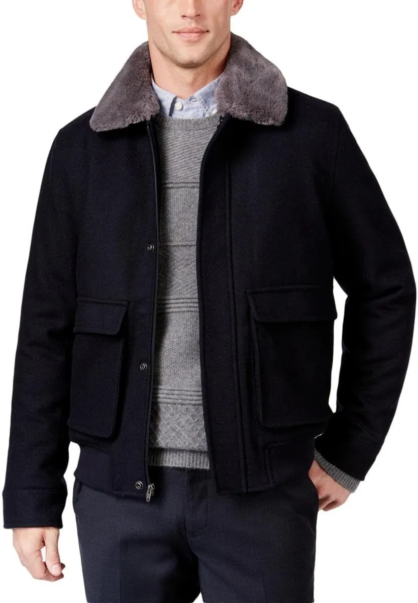 Tasso Elba Mens Dean Removable Faux-Fur Trim Coat Navy Blue Large