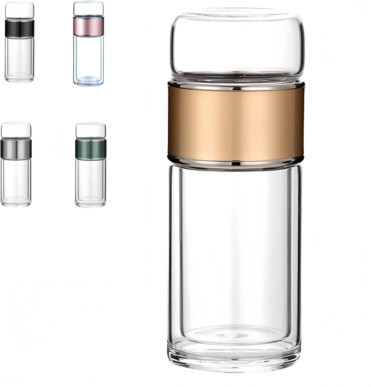 Tea Infuser Bottle Tea and water separation， Double-layer glass leak-proof water bottle with stainless steel filter，Travel office home with gift (Gold, 350ml)