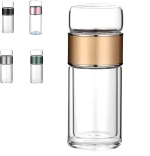 Tea Infuser Bottle Tea and water separation， Double-layer glass leak-proof water bottle with stainless steel filter，Travel office home with gift (Gold, 350ml)