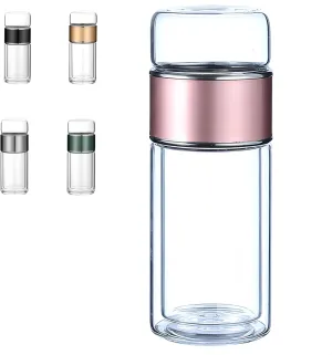 Tea Infuser Bottle Tea and water separation， Double-layer glass leak-proof water bottle with stainless steel filter，Travel office home with gift (Rose gold, 280ml)