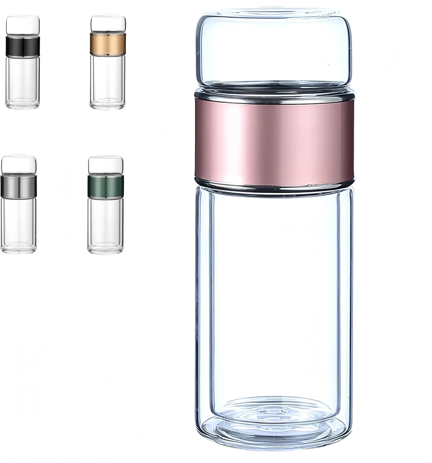 Tea Infuser Bottle Tea and water separation， Double-layer glass leak-proof water bottle with stainless steel filter，Travel office home with gift (Rose gold, 280ml)