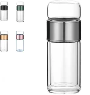 Tea Infuser Bottle Tea and water separation， Double-layer glass leak-proof water bottle with stainless steel filter，Travel office home with gift (Silver, 280ml)
