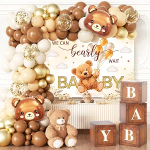 Teddy Bear Baby Shower Decorations, 120 Pieces Brown Beige Nude Balloons, 4 pcs Wood Grain Boxes with Baby Letters, Boho “We Can Bearly Wait” Backdrop for Neutral Baby Shower, Birthday Party