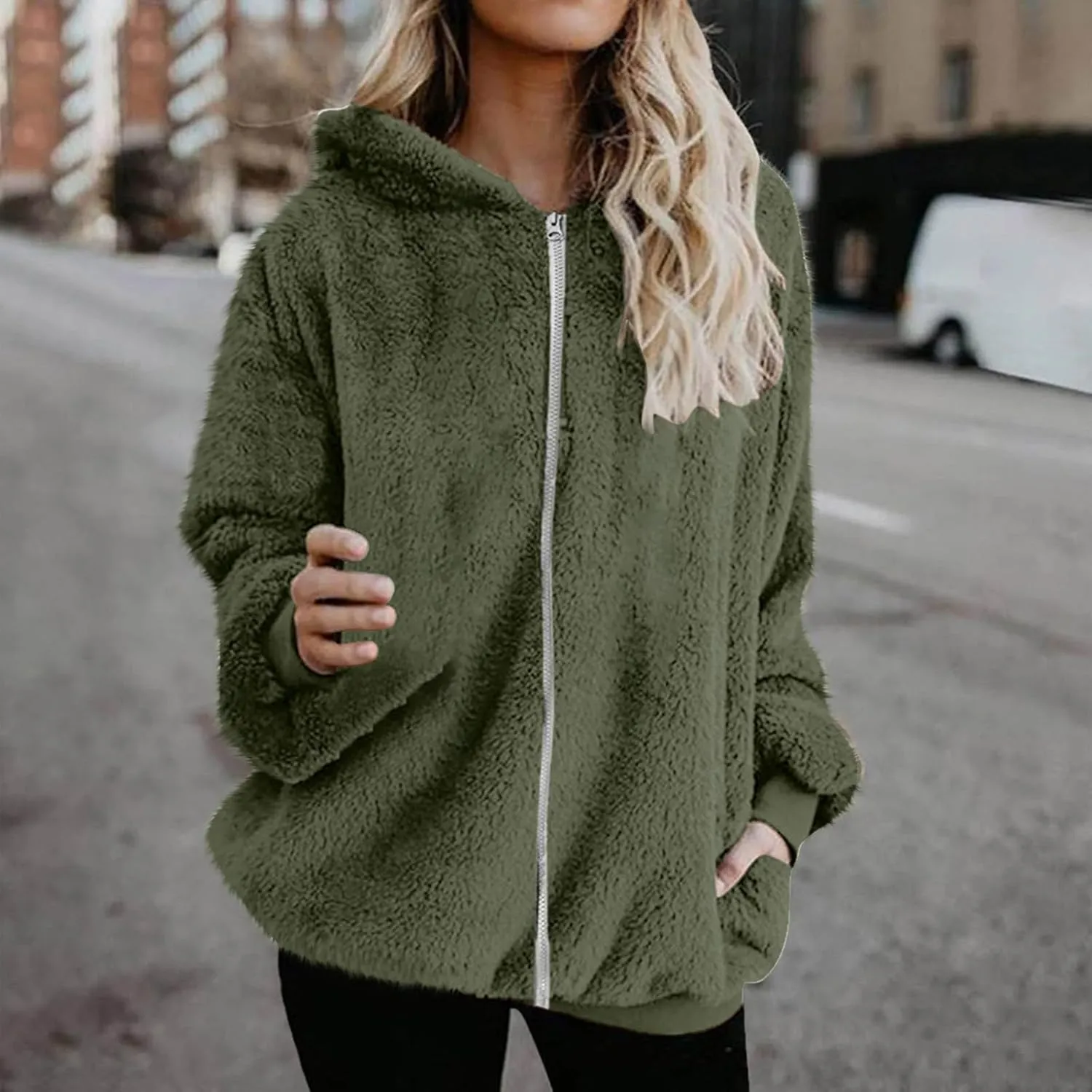 Teddy Coat For Women Plus Size Dressy Casual Fuzzy Fleece Sherpa Jacket Full Zip Up Hooded Fluffy Coats Outwear