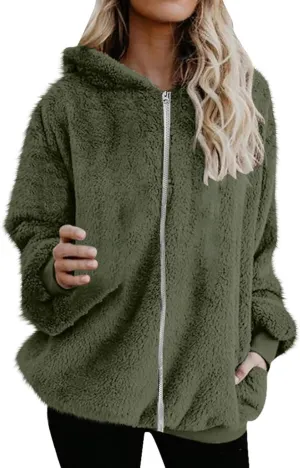 Teddy Coat For Women Plus Size Dressy Casual Fuzzy Fleece Sherpa Jacket Full Zip Up Hooded Fluffy Coats Outwear