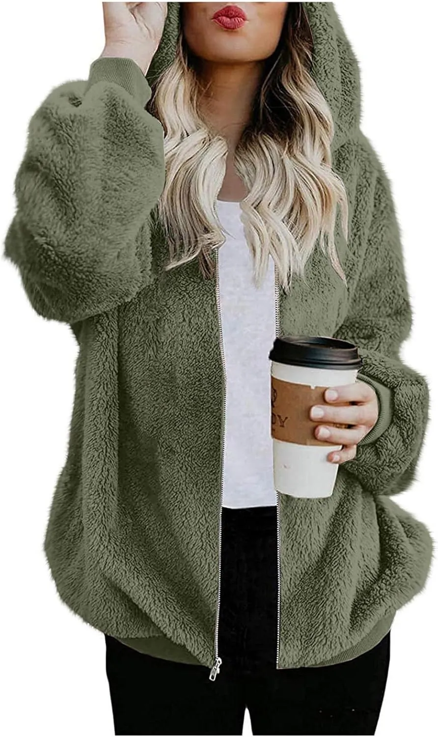 Teddy Coat For Women Plus Size Dressy Casual Fuzzy Fleece Sherpa Jacket Full Zip Up Hooded Fluffy Coats Outwear