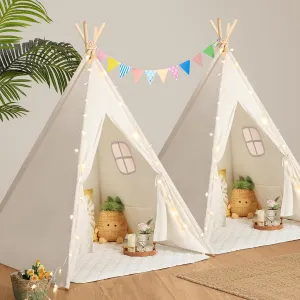 Teepee Tent for Kids Slumber Party 2 Pack: Star Lights & Colored Flag - Indoor Outdoor Toddler Play Tent for Girls Boys Birthday Gifts Sleepover Party (White)