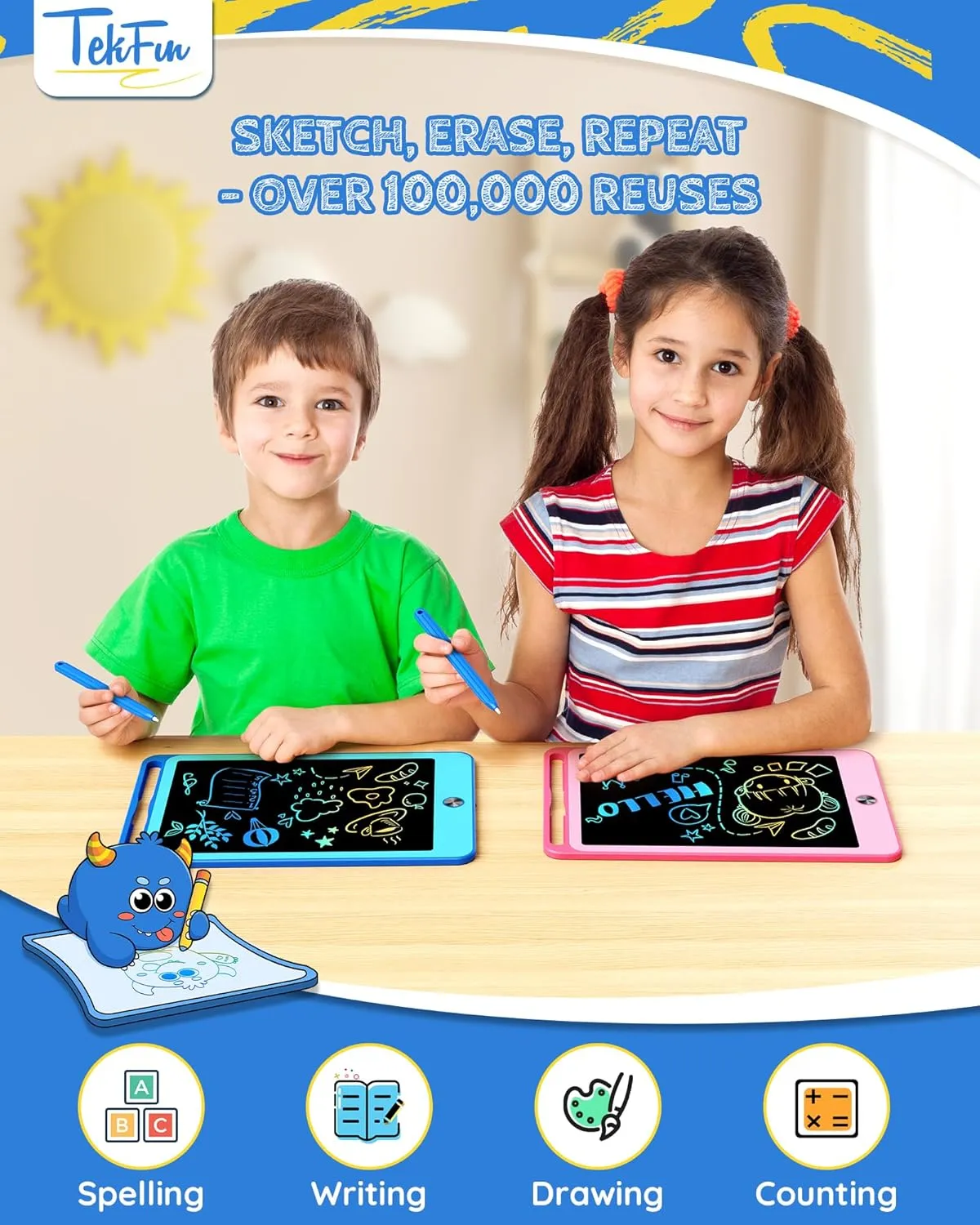 TEKFUN 2 Pack LCD Writing Tablet for Kids, 8.5 Inch Blue Pink Doodle Board Drawing Board Drawing Tablet with Lanyard, Educational Kids Easter Toddler Toys Birthday Gift for Boys Girls 3-12 Years Old