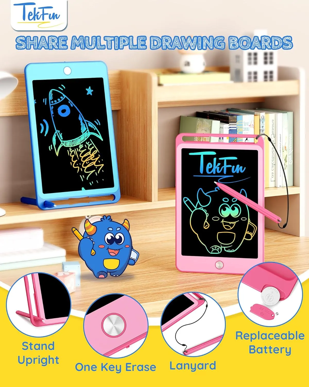 TEKFUN 2 Pack LCD Writing Tablet for Kids, 8.5 Inch Blue Pink Doodle Board Drawing Board Drawing Tablet with Lanyard, Educational Kids Easter Toddler Toys Birthday Gift for Boys Girls 3-12 Years Old