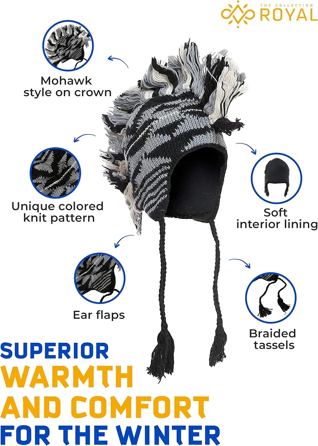 THE COLLECTION ROYAL Mohawk Woolen Lined Winter Beanie Ear Flap Beanie Men Hat