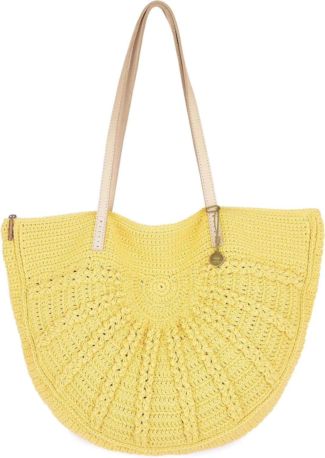 The Sak Faye Tote Bag in Crochet, Double Leather Shoulder Straps, Chartreuse Sunbeam