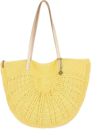 The Sak Faye Tote Bag in Crochet, Double Leather Shoulder Straps, Chartreuse Sunbeam