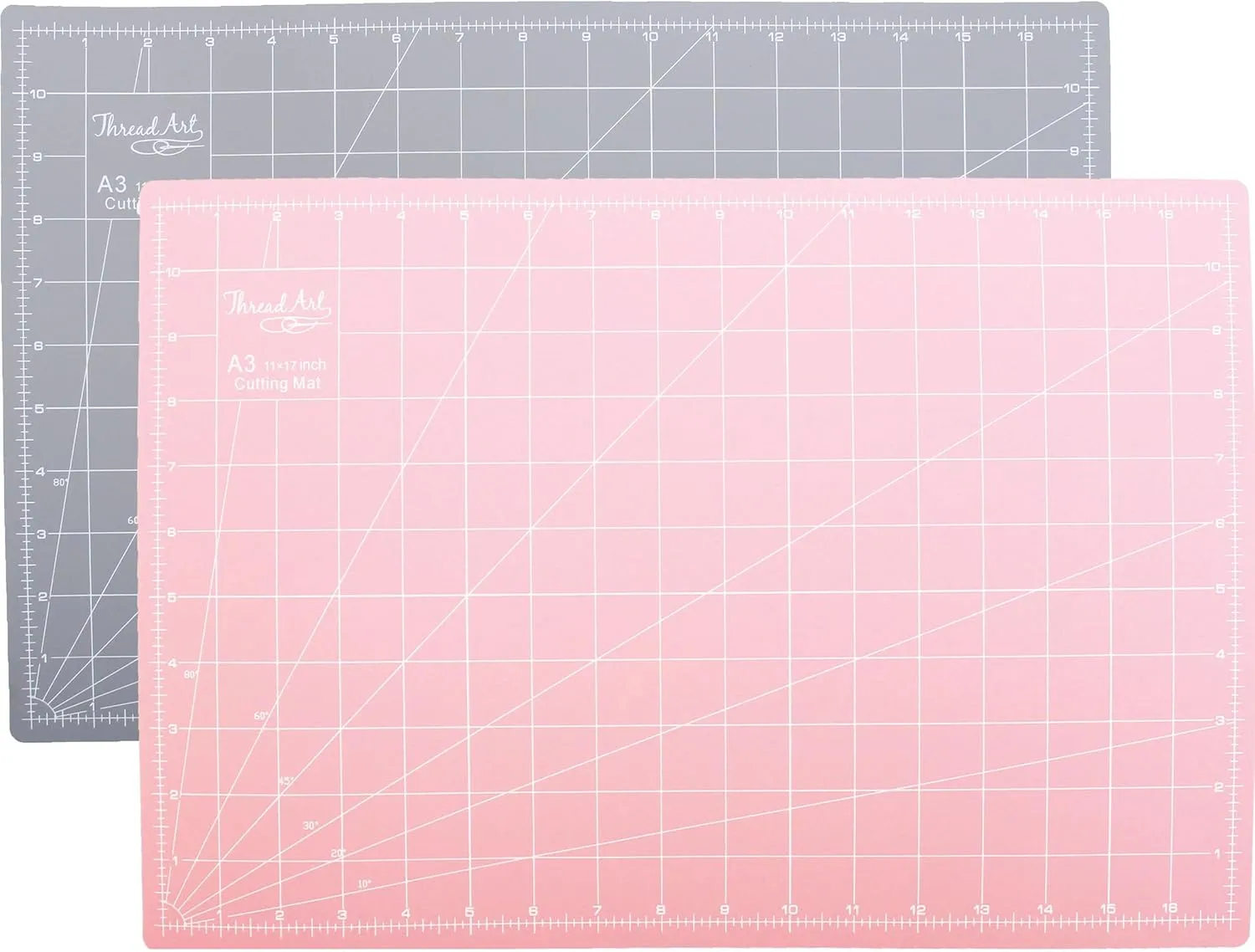 ThreadArt 17"x11" Self Healing Cutting Mat, Durable Rotary Cutting Mat Double Sided Gridded 5-Ply A3 Cutting Board for Quilting, Sewing, Craft Hobby Project, Pink/Grey