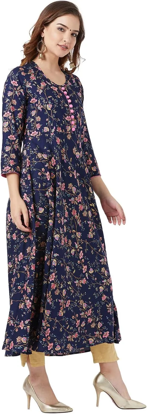 Tissu Women's Navy Blue & Pink Floral Printed Flared Kurta