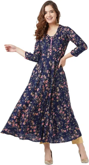 Tissu Women's Navy Blue & Pink Floral Printed Flared Kurta