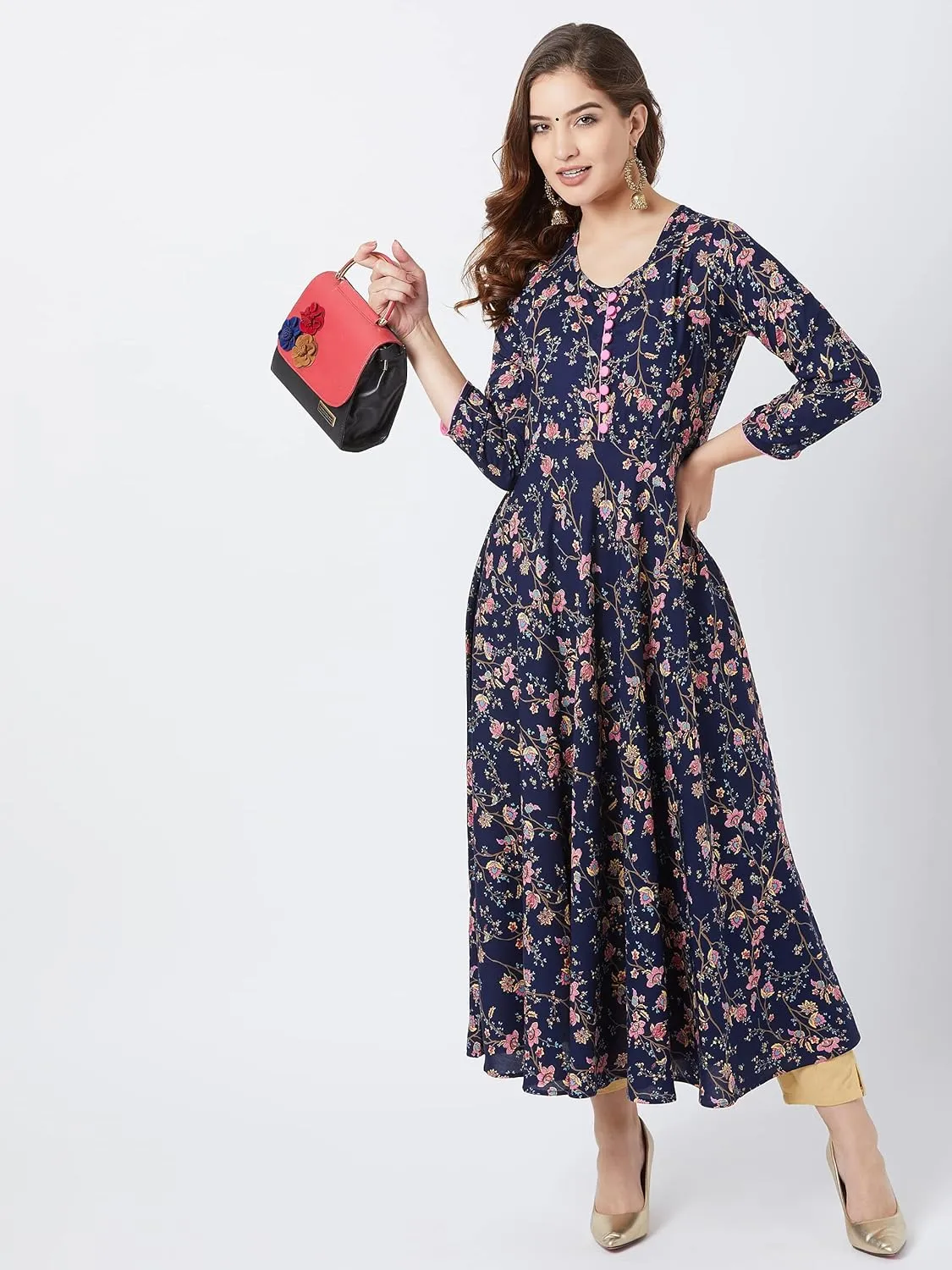 Tissu Women's Navy Blue & Pink Floral Printed Flared Kurta