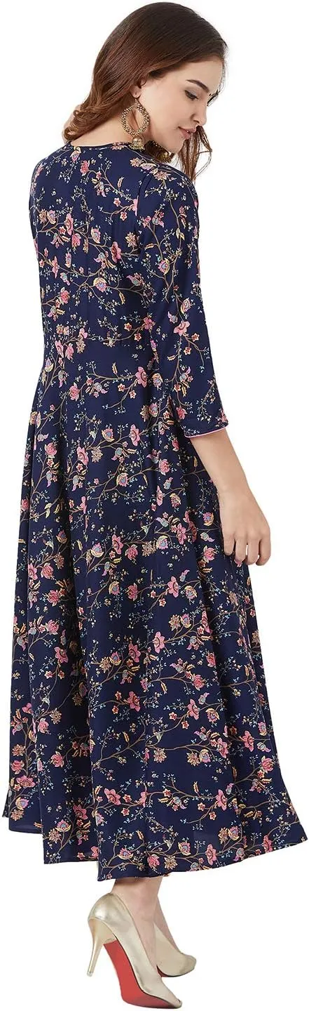 Tissu Women's Navy Blue & Pink Floral Printed Flared Kurta