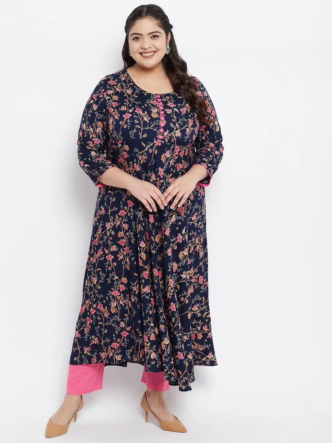 Tissu Women's Navy Blue & Pink Floral Printed Flared Kurta