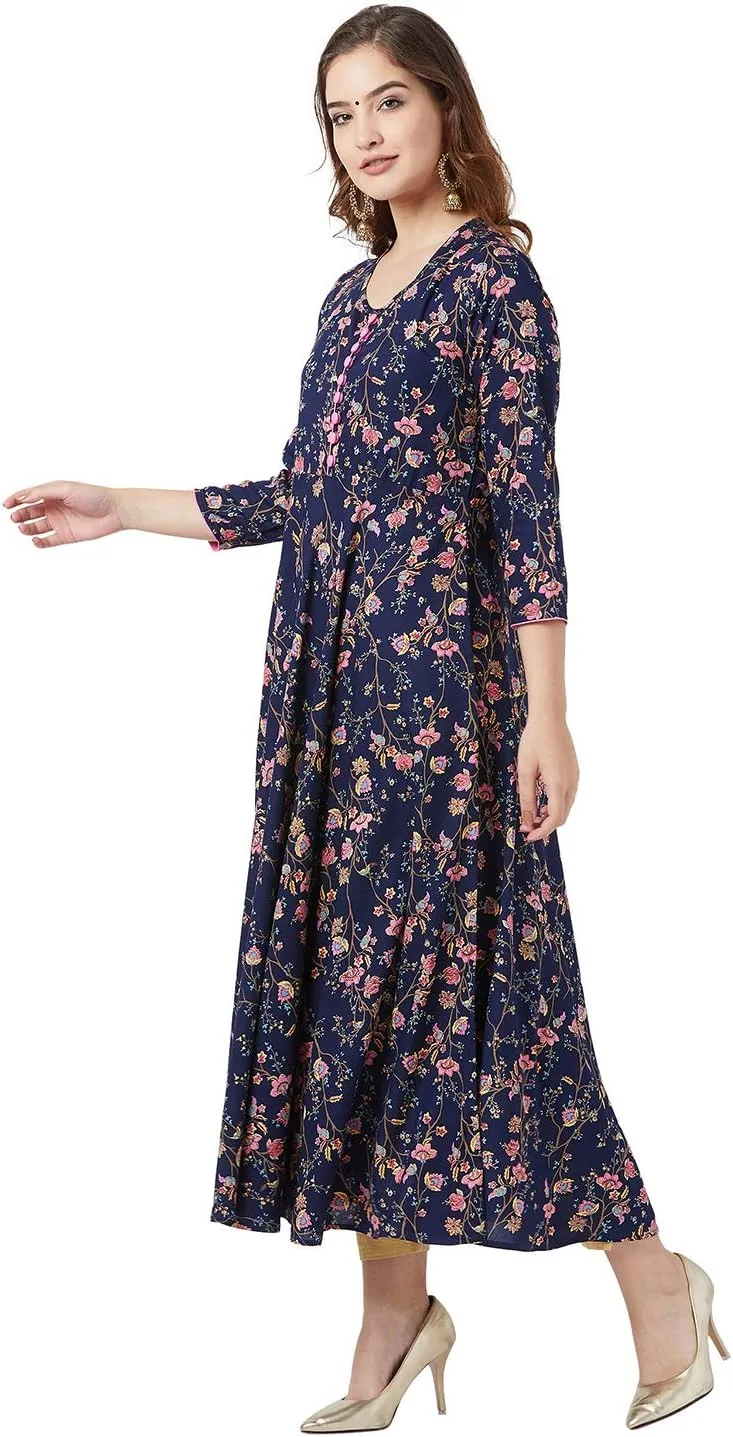 Tissu Women's Navy Blue & Pink Floral Printed Flared Kurta