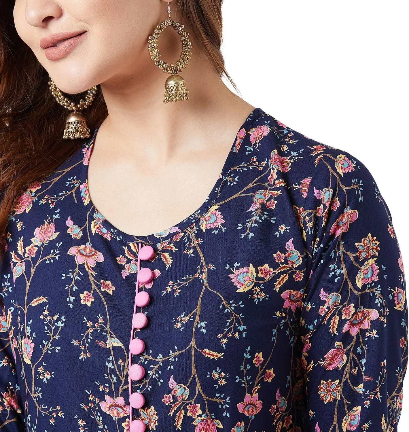 Tissu Women's Navy Blue & Pink Floral Printed Flared Kurta