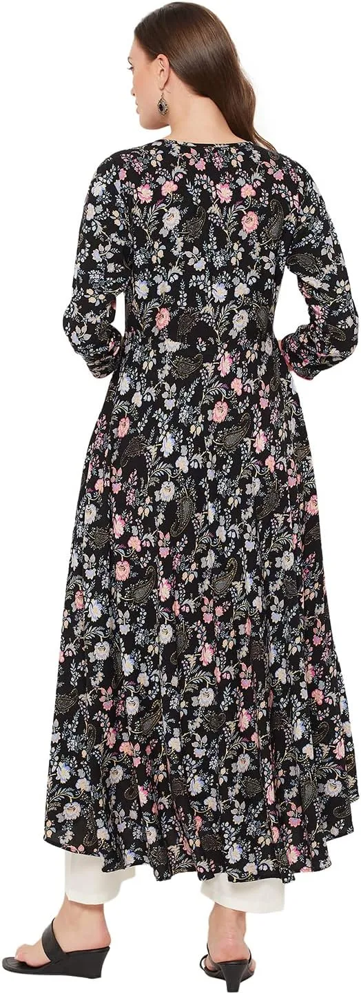 Tissu Women's Rayon Black & Pink Floral Printed A-Line Kurta